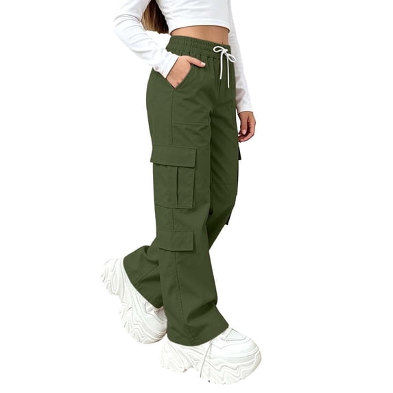 Dagugfen Cargo Pants for Girls Boys Loose Fitted Elastic Waist Full Length Pants with Multi Pockets(7-8 Years,Army Green)