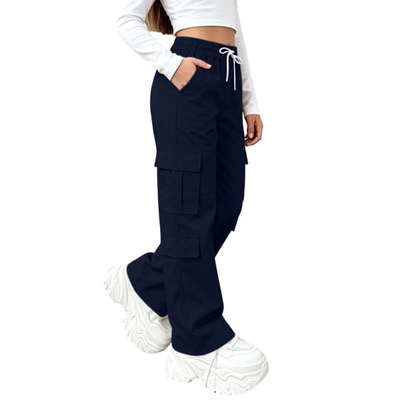 Dagugfen Cargo Pants for Girls Boys Loose Fitted Elastic Waist Full Length Pants with Multi Pockets(7-8 Years,Navy)