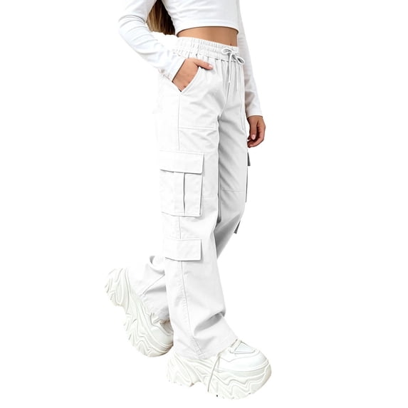 Dagugfen Cargo Pants for Girls Boys Loose Fitted Elastic Waist Full Length Pants with Multi Pockets(7-8 Years,White)