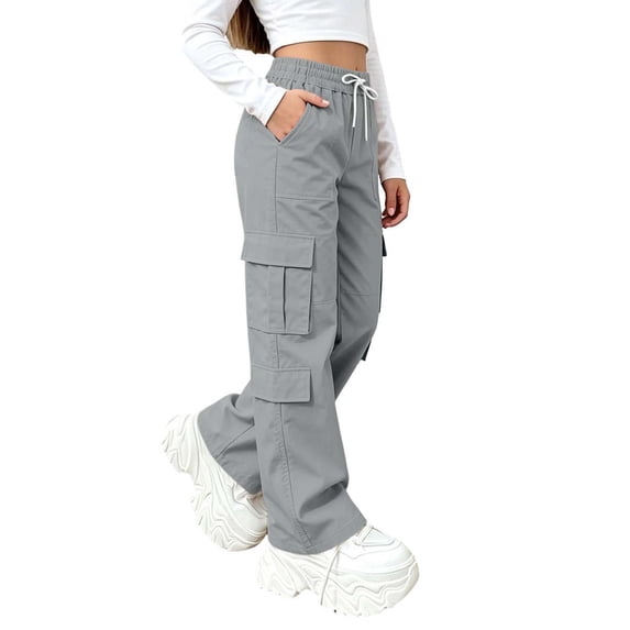 Dagugfen Cargo Pants for Girls Boys Loose Fitted Elastic Waist Full Length Pants with Multi Pockets(9-10 Years,Gray)