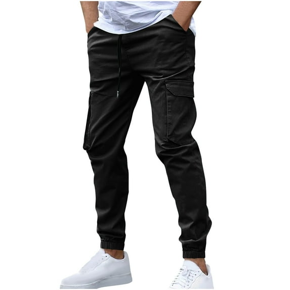 Dagugfen Cargo Pants for Men Elastic Waist Drawstring Outdoor Trainning Running Athletic Trousers Solid Color