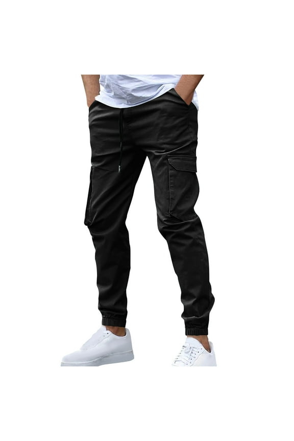 Cargo Pants for Men Elastic Waist Drawstring Outdoor Trainning Running Athletic Trousers Solid Color