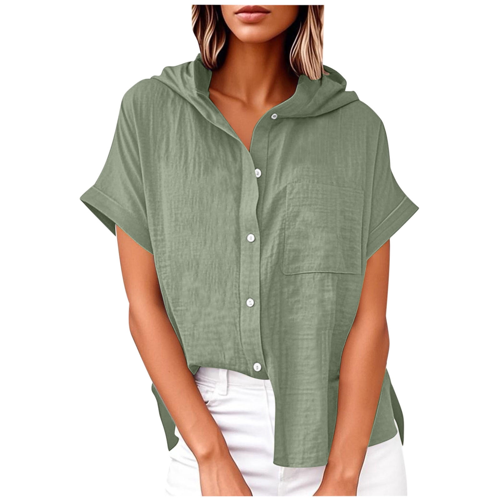 Dagugfen Cotton Linen Button down Shirts for Women with Hooded Short ...