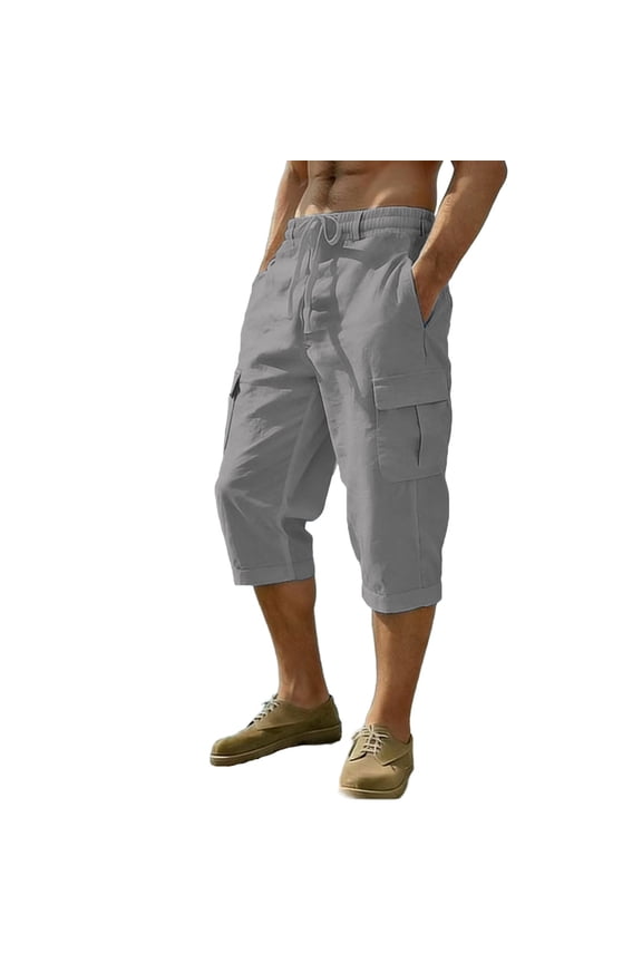 Cotton Linen Capri Cargo Pants for Men Straight Leg Drawstring Elastic Waisted 3/4 Length Pants Breathable Casual Pants with Multi Pockets