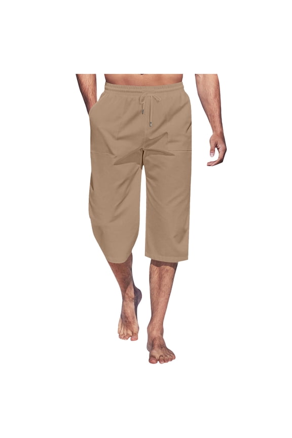 Cotton Linen Capri Pants for Men Drawstring Elastic Waisted 3/4 Length Pants Breathable Comfy Summer Beach Capris with Pockets