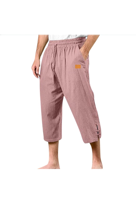 Cotton Linen Capri Pants for Men Elastic Waisted Outdoor Vacation Beach Loungewear Pants Solid Color