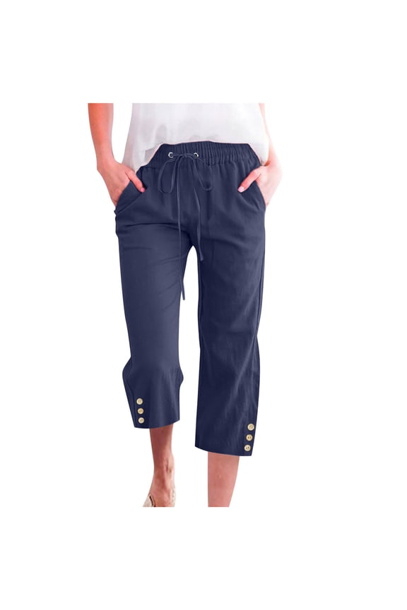 Cotton Linen Capri Pants for Women Drawstring Elastic Waist Straight Leg Loose Lightweight Capris with Pockets