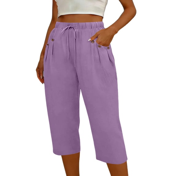 Dagugfen Cotton Linen Capri Pants for Women Straight Leg Elastic Waist Drawstring Lightweight Casual Capris with Pockets