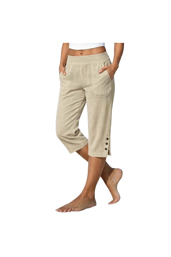 Cotton Linen Capris for Women Elastic Waist Split Hem Lightweight Breathable Summer Vacation Casual Capri Pants with Pockets