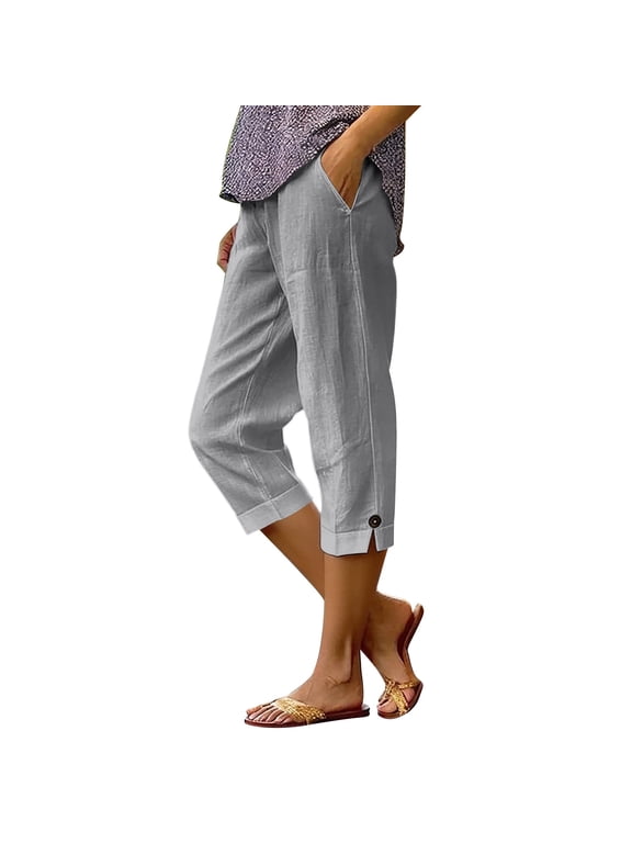Cotton Linen Capris for Women with Pockets Straight Leg Drawstring Elastic Waist Capri Pants Lightweight Casual Beach Pants