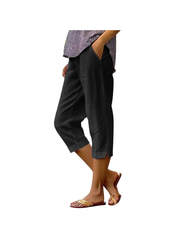 Cotton Linen Capris for Women with Pockets Straight Leg Drawstring Elastic Waist Capri Pants Lightweight Casual Beach Pants