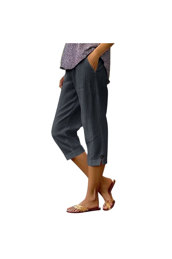 Cotton Linen Capris for Women with Pockets Straight Leg Drawstring Elastic Waist Capri Pants Lightweight Casual Beach Pants