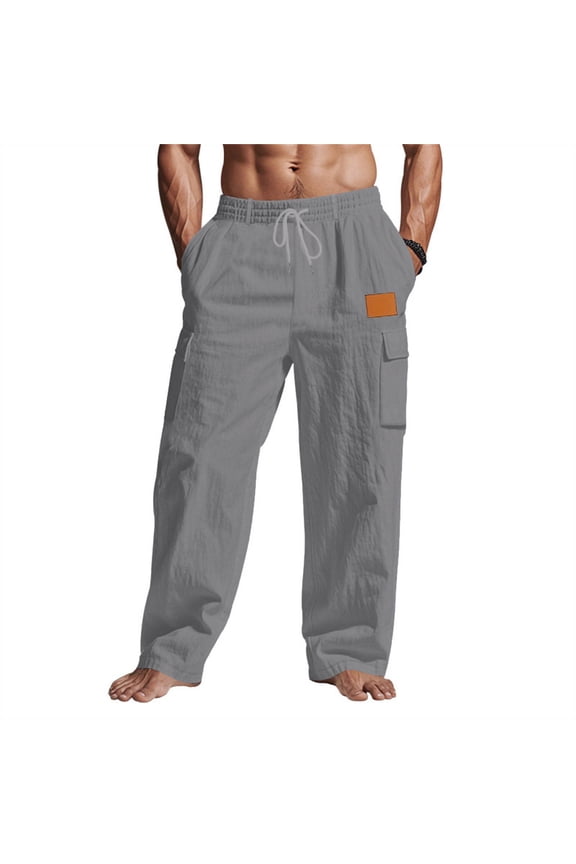 Cotton Linen Pants for Men Drawstring Straight Leg Elastic Waist Loose Lightweight Breathable Loungewear Trousers