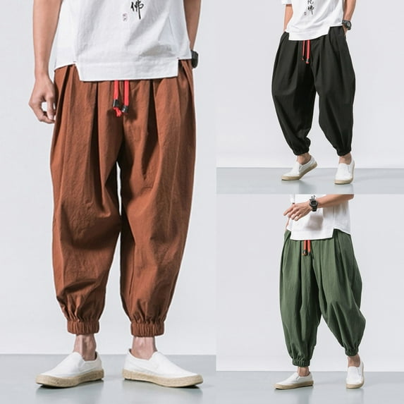 Dagugfen Cotton Linen Pants for Men Plus Size Drawstring Baggy Lightweight Cropped Lounge Pants Summer