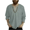 thumbnail image 1 of Dagugfen Cotton Linen Shirts for Men Loose Tie V Neck Lightweight Casual Travel Beach Long Sleeve Shirts, 1 of 5