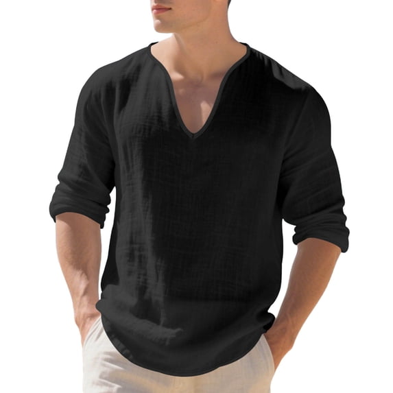 Dagugfen Cotton Linen Shirts for Men Ruched Half Sleeve Lightweight V Neck Casual Beach Travel Shirts