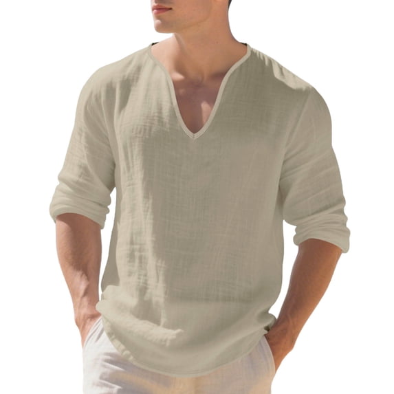 Dagugfen Cotton Linen Shirts for Men Ruched Half Sleeve Lightweight V Neck Casual Beach Travel Shirts
