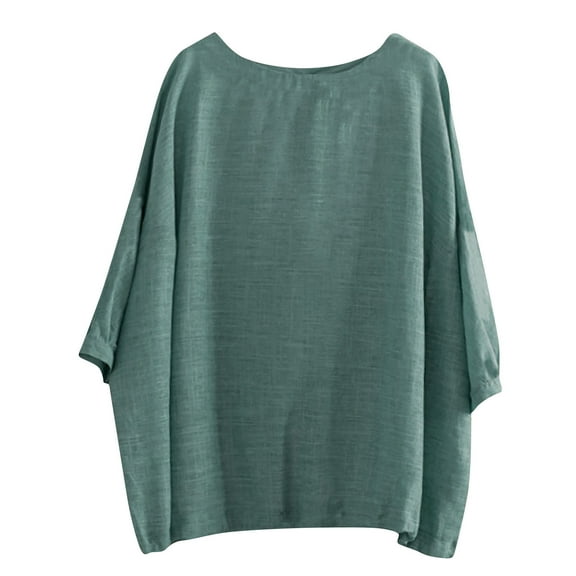 Dagugfen Cotton Linen Shirts for Women 3/4 Batwing Sleeve Round Neck Cape Blouse Casual Tunic Tops Shirts