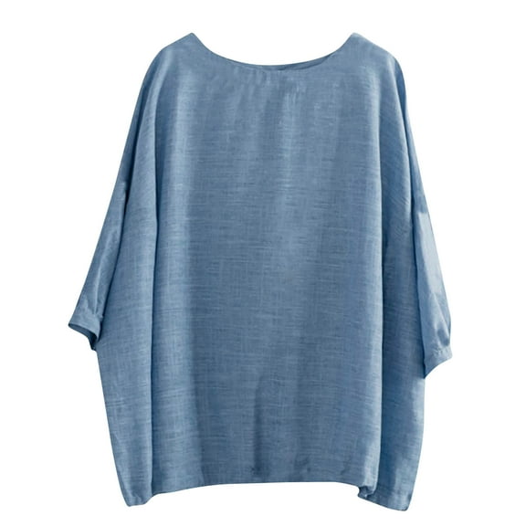 Dagugfen Cotton Linen Shirts for Women 3/4 Batwing Sleeve Round Neck Cape Blouse Casual Tunic Tops Shirts