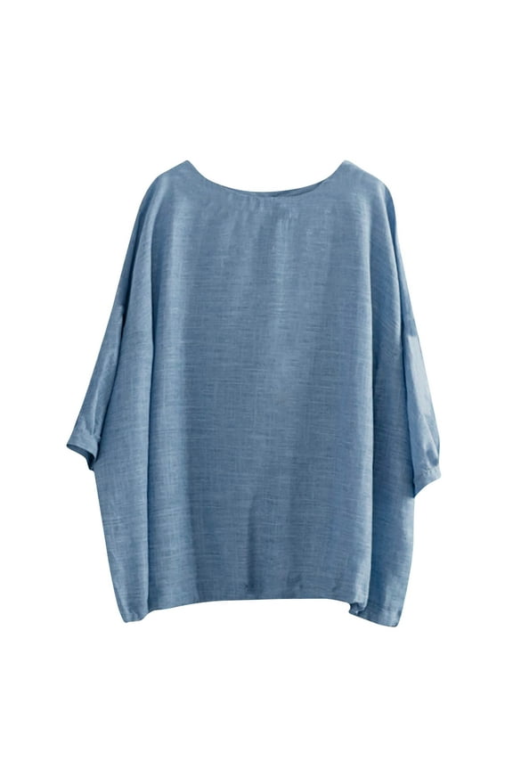 Cotton Linen Shirts for Women 3/4 Batwing Sleeve Round Neck Cape Blouse Casual Tunic Tops Shirts