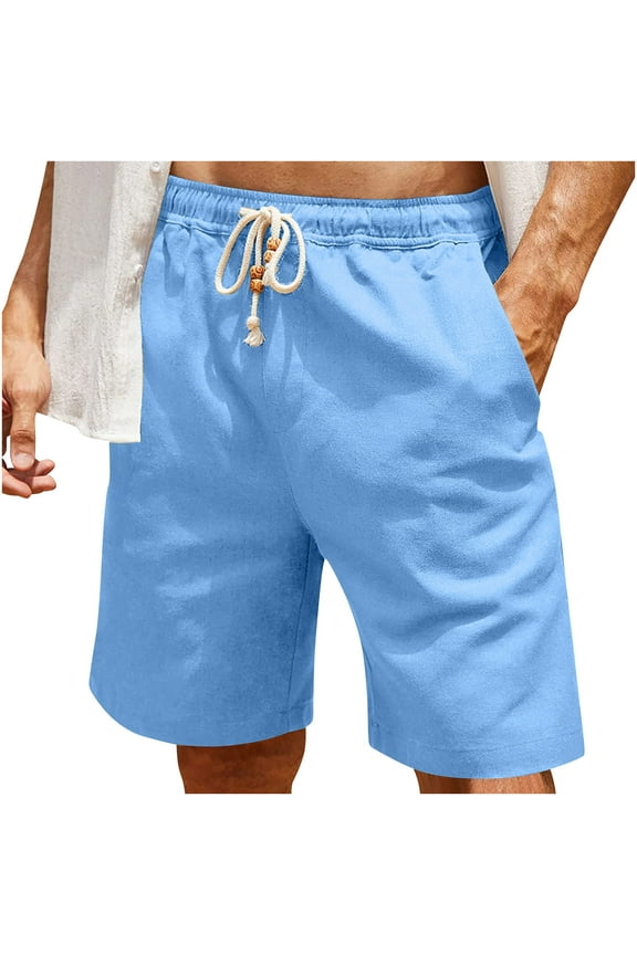 Cotton Linen Shorts for Men Drawstring Elastic Waist Knee Length Slim Lightweight Casual Shorts