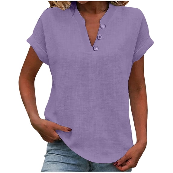 Dagugfen Cotton Linen T-Shirts for Women Loose Fitted Breathable Casual Tops Solid Color Pullover Tees