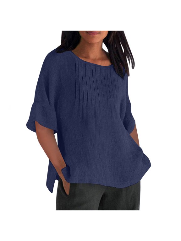 Cotton Linen Tops for Women Short Sleeve Crew Neck Side Split Tee Shirts Casual Loose Fitted Beach Tops