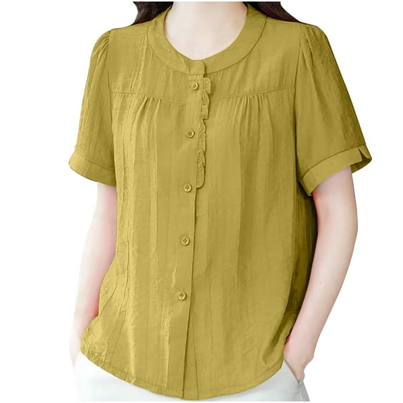 Dagugfen Cotton Linen Womens Tops Crew Neck Button down Short Sleeve Breathable Sleepwear Pajama Shirts