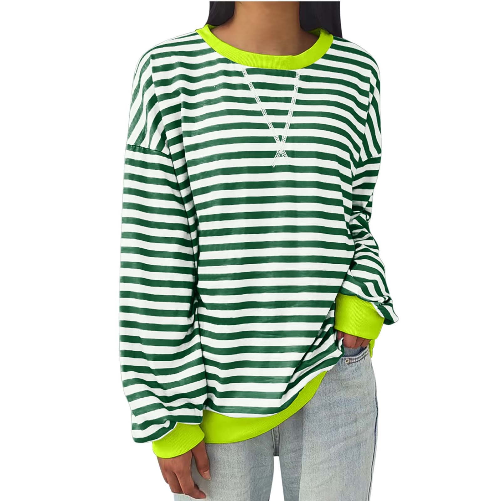 Fashion Crew Neck Long Sleeve Striped Loose Regular Sweater