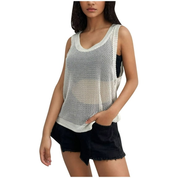 Dagugfen Crochet Tops for Women Round Neck Hollow out Wide Strap Loose Sleeveless Pullover Sheer Tops