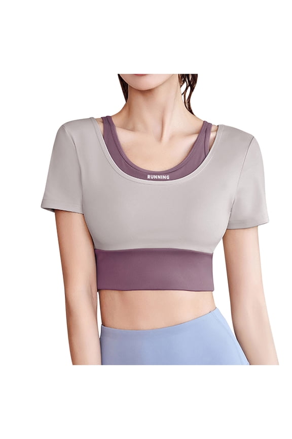 Crop Tops for Women Build in Bra Fake Two Piece Quick Dry Tight Fitted Stretch Running Tops for Yoga