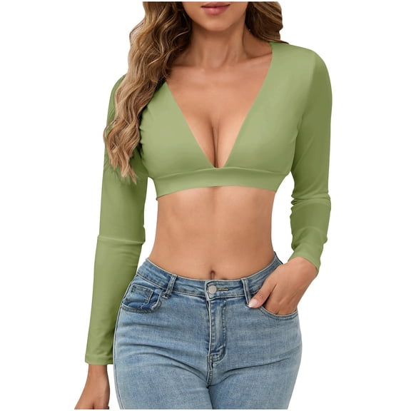 Dagugfen Crop Tops for Women Long Sleeve Low Cut Deep V Neck Comfy Lightweight Going out Tops for Casual Streetwear