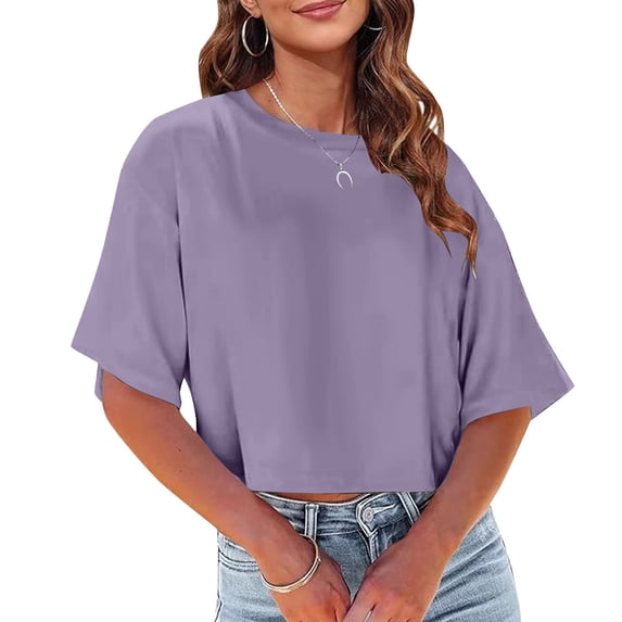 Dagugfen Crop Tops for Women Loose Short Sleeve Crew Neck Daily Wear Casual Tshirts Solid Color
