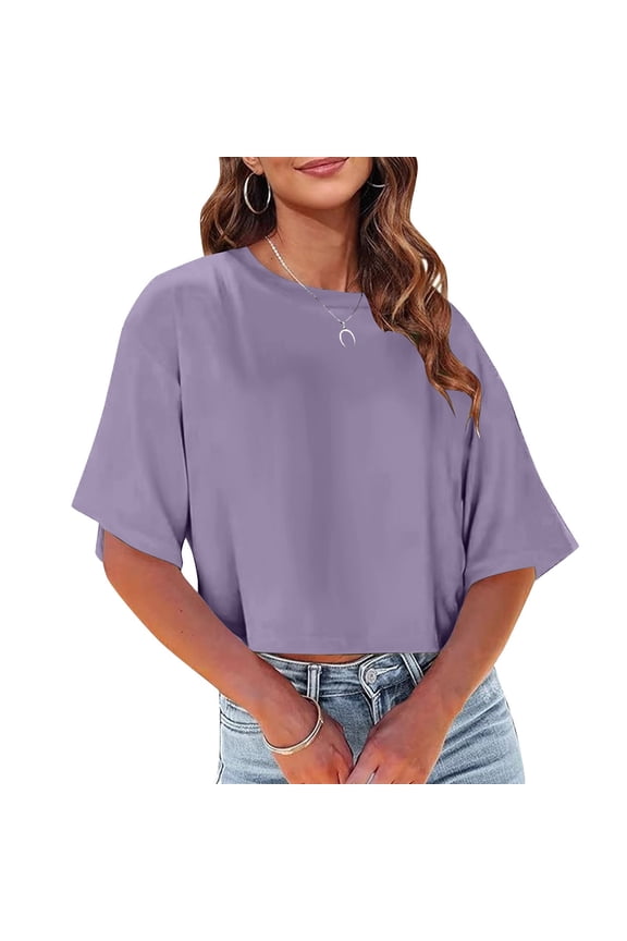 Crop Tops for Women Loose Short Sleeve Crew Neck Daily Wear Casual Tshirts Solid Color