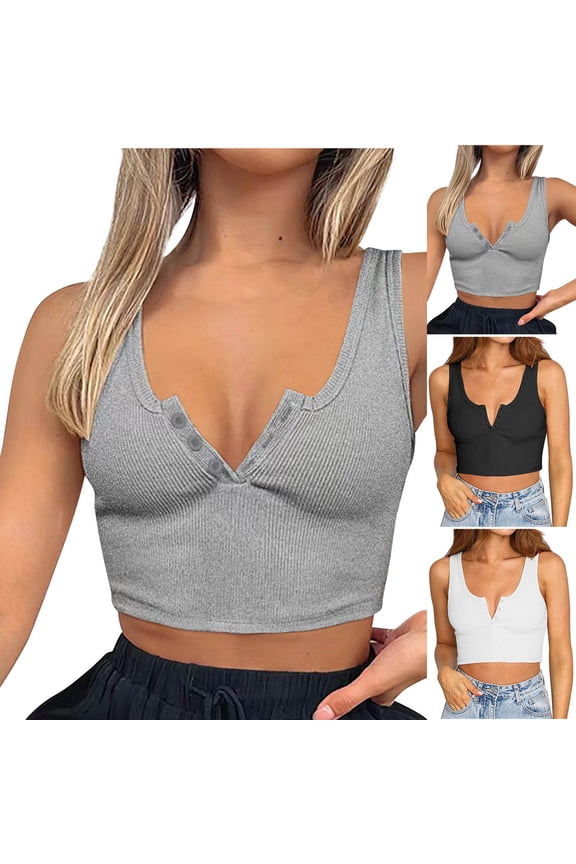 Crop Tops for Women Ribbed Button Deep V Neck Seamless Low Cut Going out Sleeveless Undershirts