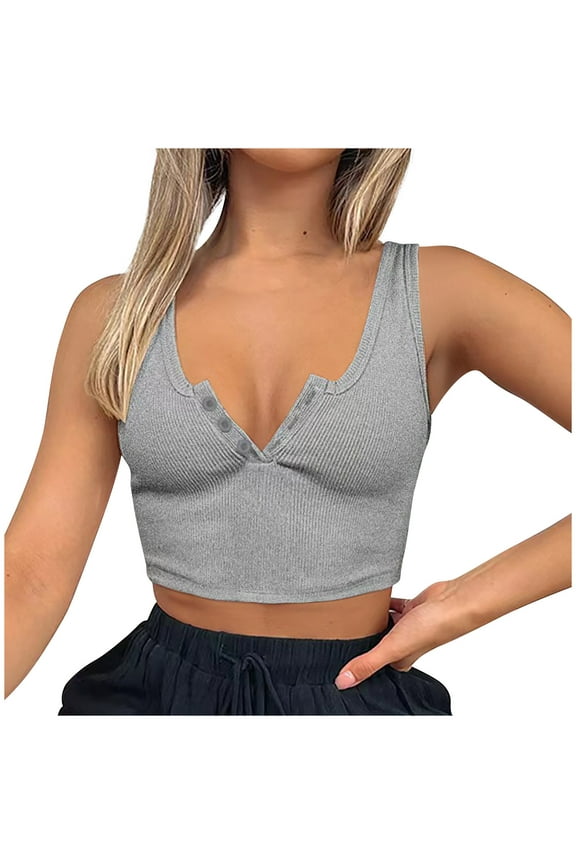 Crop Tops for Women Ribbed Button Deep V Neck Seamless Low Cut Going out Sleeveless Undershirts
