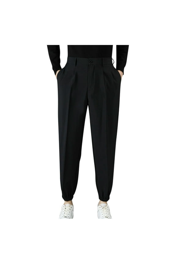 Dress Pants for Men Elastic Waist Tapered Leg Button Solid Color Fitted Formal Suit 7/8 Pants