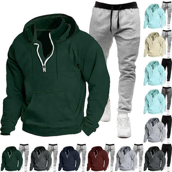 Dagugfen Fall Outfits for Men Sweatsuits Quarter Zip Pullover Cargo Sweatshirts with Hood and Sweatpants Comfy 2 Piece Sets