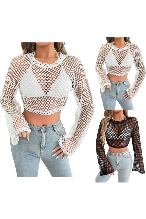 Fishnet Top for Women Long Sleeve Crew Neck Mesh Loose Trendy Casual Long Sleeve Crop Tops