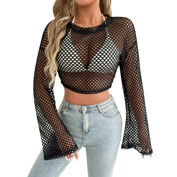 Dagugfen Fishnet Top for Women Long Sleeve Crew Neck Mesh Loose Trendy Casual Long Sleeve Crop Tops