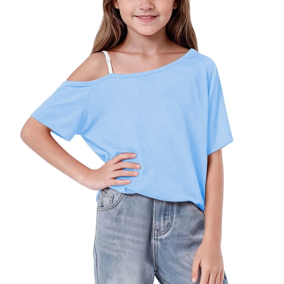 Dagugfen Girls One Shoulder Tops Short Sleeve Crew Neck Summer Casual Cute Tops for Teen Girl Loose Fitted Lightweight Tshirts 5-14 Years