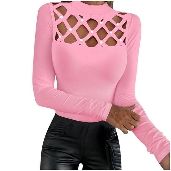 Dagugfen Going out Tops for Women Hollow out Clubwear Long Sleeve Shirts Rhinestone Cut out Casual Blouses