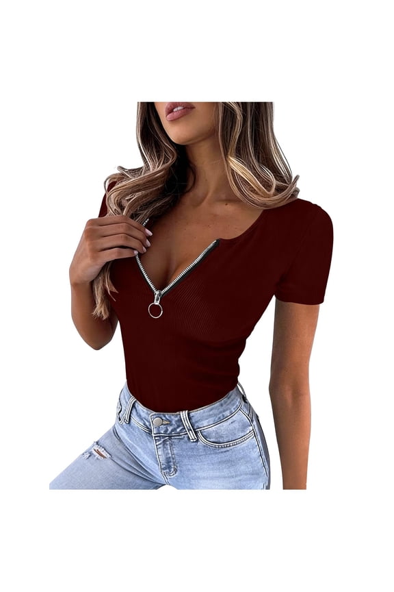 Going out Tops for Women Quarter Zip Short Sleeve Ribbed Knit Summer Casual Shirts Slim Fitted Shirts