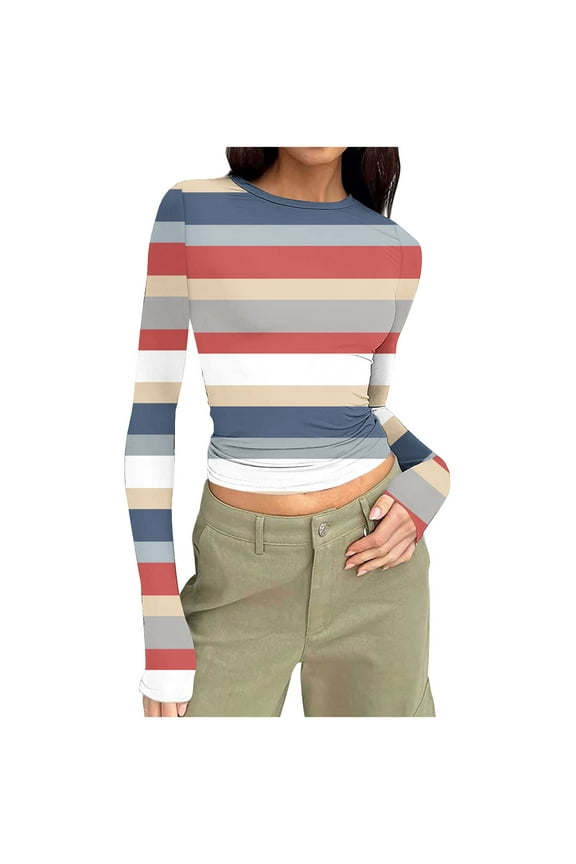 Going out Tops for Women Tight Shirts Striped Comfy Lightweight Casual Trendy Round Neck Tee Tops
