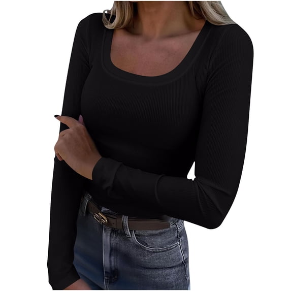 Dagugfen Going out Tops for Women U Neck Low Cut Slim Fitting Long Sleeve Casual Tops for Party Dating