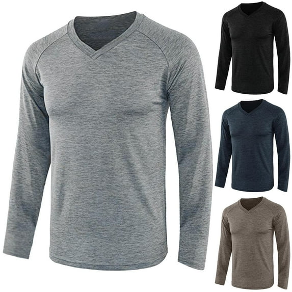 Dagugfen Gym Tops for Men Long Sleeve V Neck Slim Comfy Training Cycling Workout Shirts Solid Color