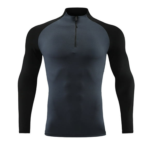 Dagugfen Gym Tops for Men Long Sleeve Zipper V Neck Tight Comfy Color Block Training Workout Shirts