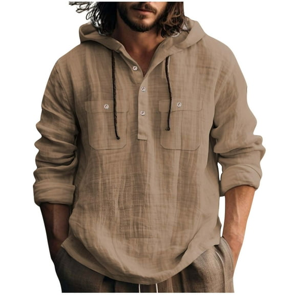 Dagugfen Hoodies for Men Drawstring Button V Neck Ruched 3/4 Sleeve Loose Lightweight Casual Shirts with Pockets