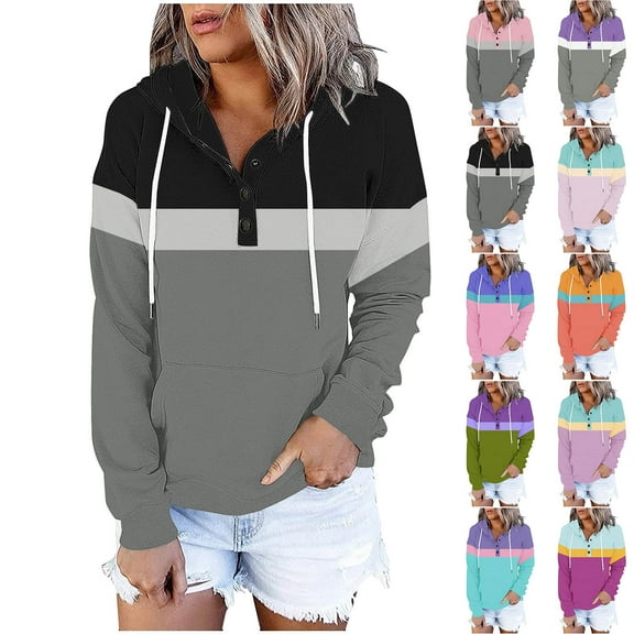 Dagugfen Hoodies for Women Color Block Long Sleeve Button V Neck Drawstring Loose Casual Pullover Sweatshirts