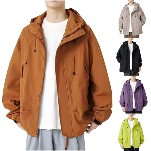 Dagugfen Jackets for Men Zip up Hoodie Windproof Drawstring Long Sleeve Loose Casual Cargo Outwear for Outdoor Cycling Driving Camping